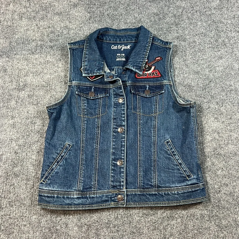 Cat & Jack Trucker‎ Vest Girls XXL Blue Patches Denim Cotton Stretch Snap Front